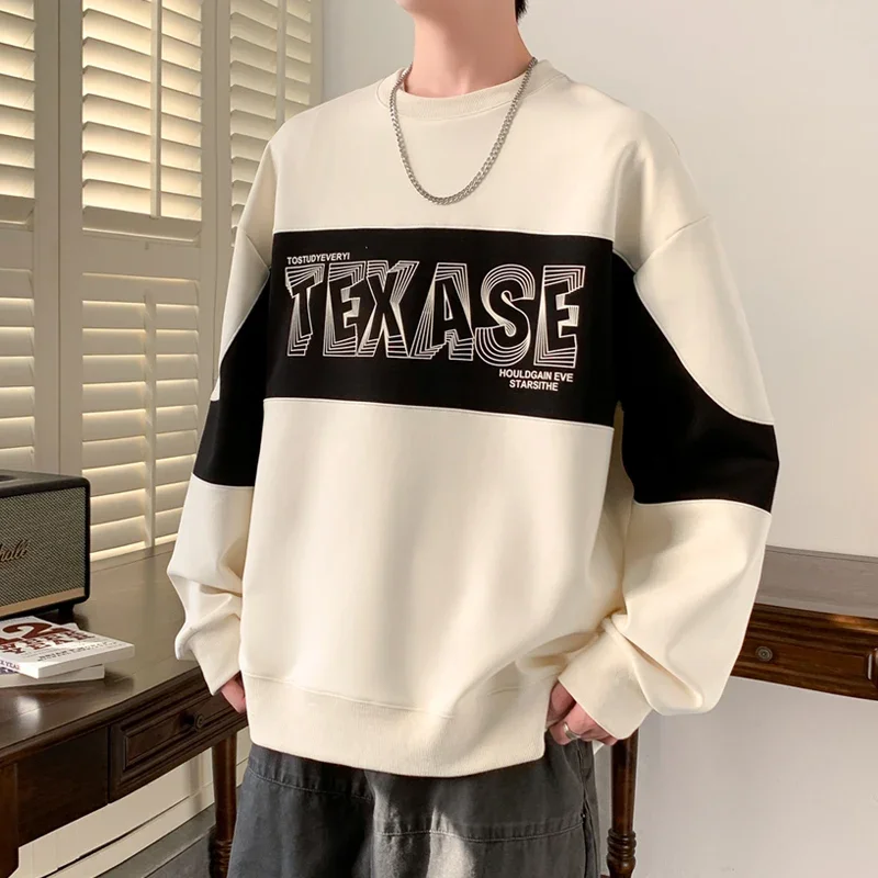 Mens Patchwork Sweatshirts Letter Print Hoodie Men Multi Color O-Neck Fashion Harajuku Style Male Sweatshirt 2025 New Spring Top