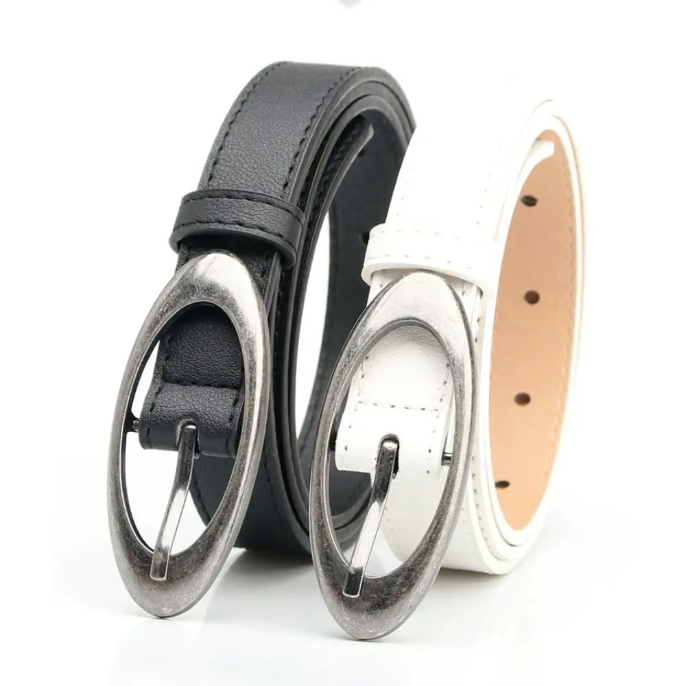

Fashion PU Leather Belt Elliptical Alloy buckle Waist Strap Thin Jeans Belt Women