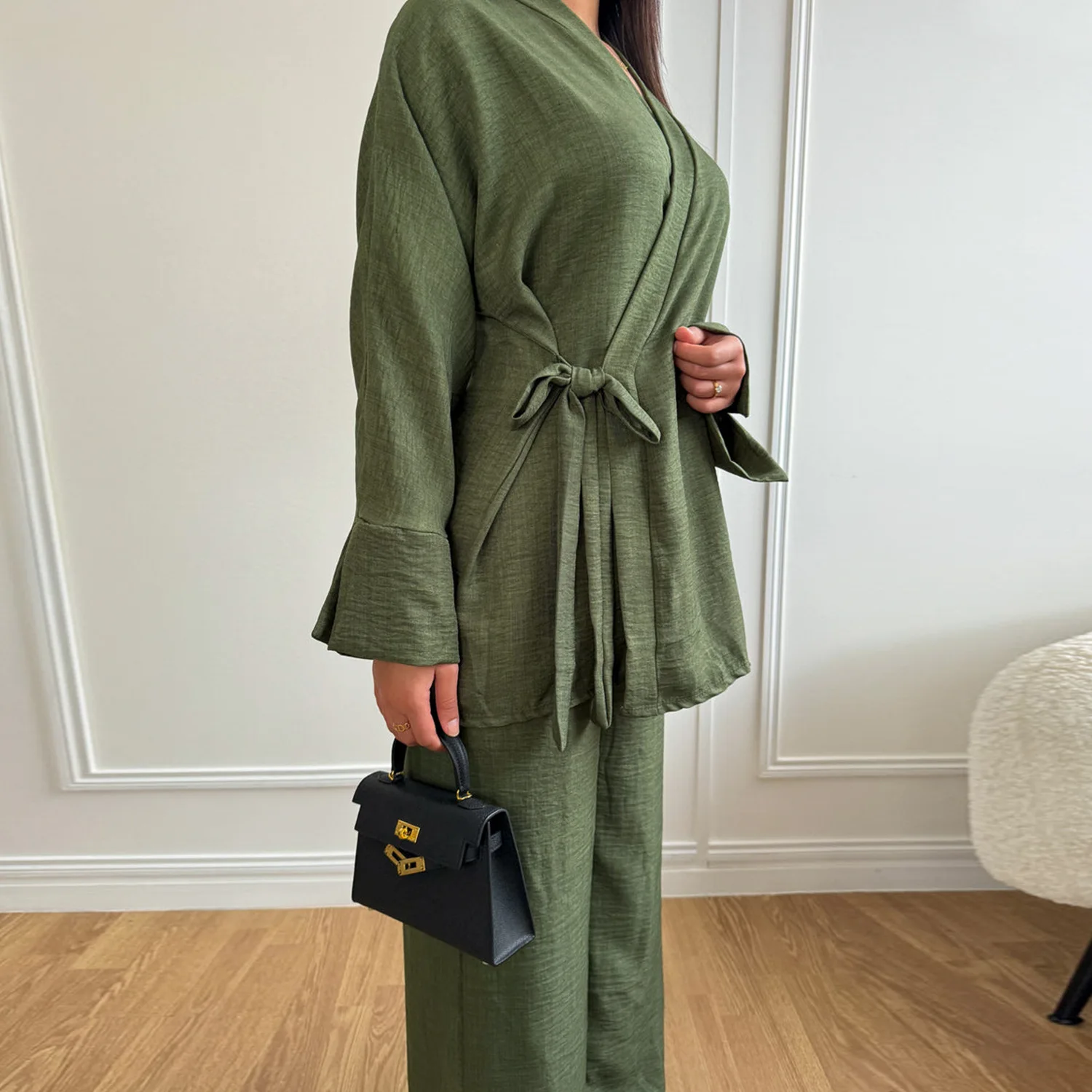 Donne Musulmane Set di Corrispondenza Islam Abbigliamento Abiti Camicetta Pantaloni Vestito Kimono Lace Up Top Pantaloni Dubai Femme Musulmane Ensembles