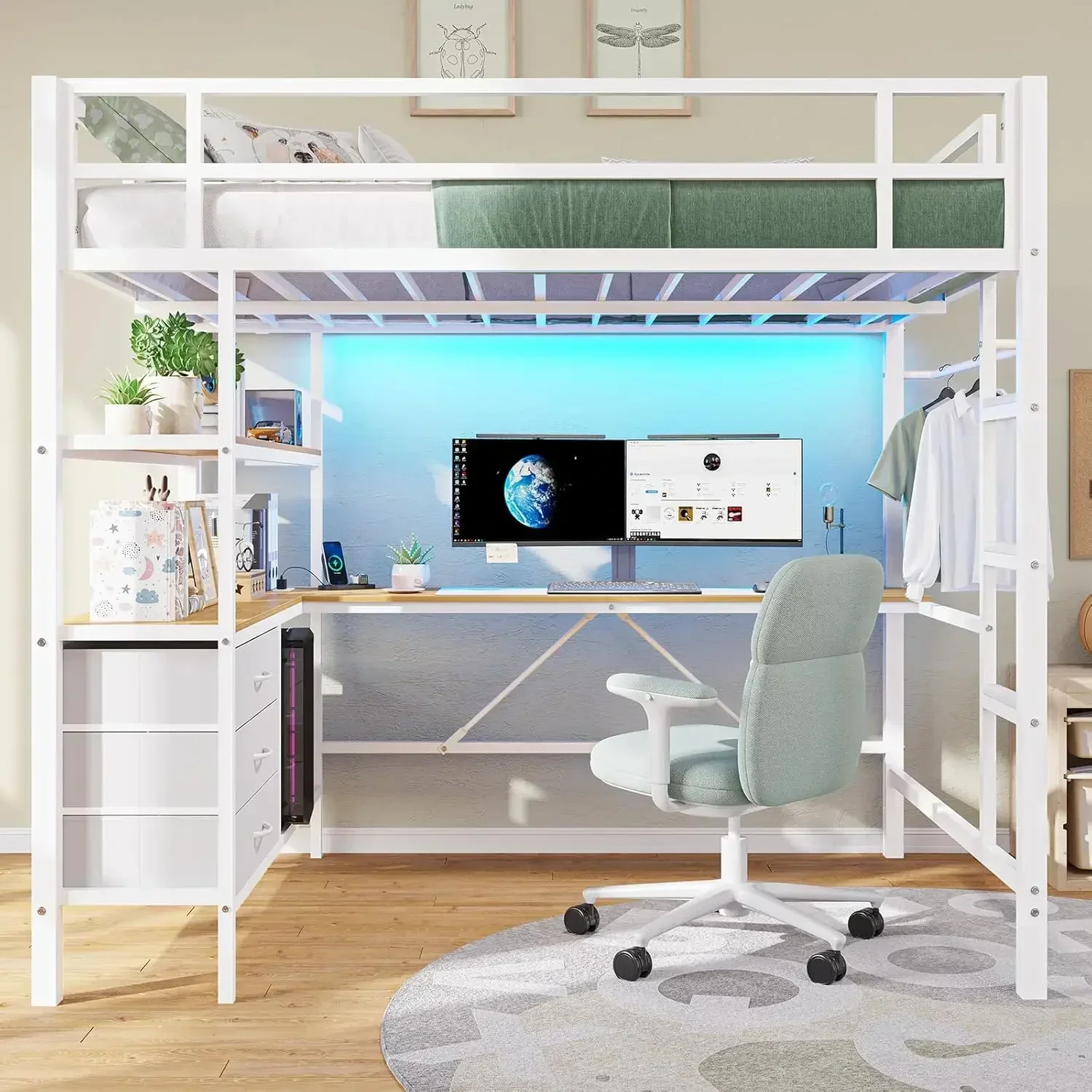 BestsellerBestsellerFull Size Loft Bed with L-Shaped Desk, LED Lights and Charging Station Full Metal Loft Bed Frame with 3 Stor