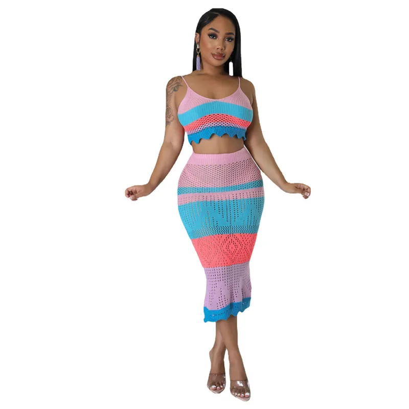 Knitted Colorful 2 Piece Set Beach Outfits Sexy Halter Top and Skinny Dress Hand Crochet Summer Beach Dress