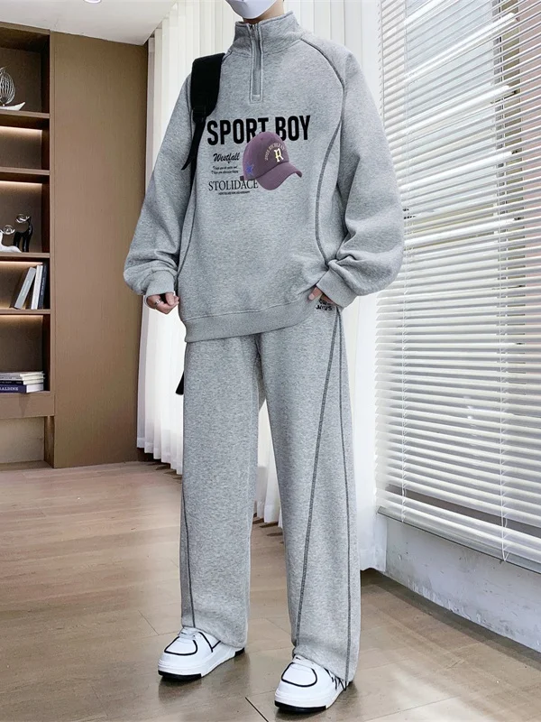 

Casual Sportswear f Zip Hoodie Set Men's Long Sve Stand Collar Trendy Two Piece Autumn Outfit Cotton Polyester Blend