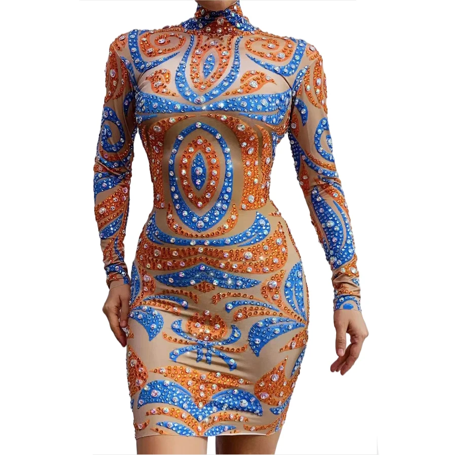 

Women New Sexy Stage Spandex Print Shiny Rhinestones Dress Performance Bar Singer Dancer Skinny Rompers Party Costume Jumpsuit