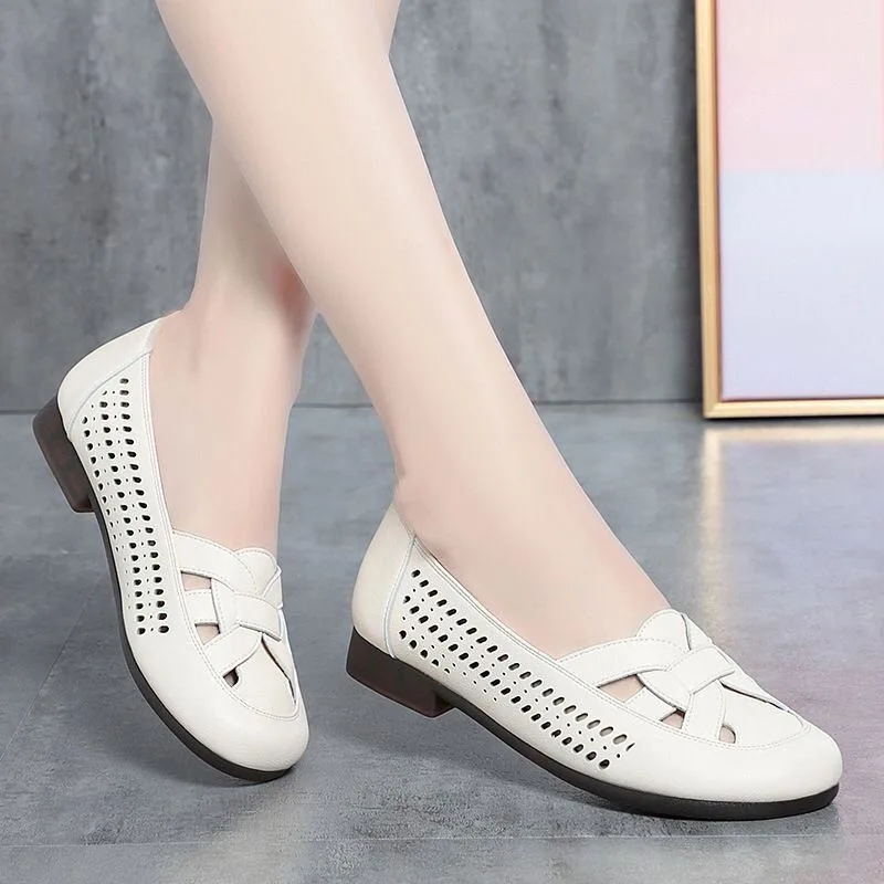 High Quality Leather Ladies Breathable Summer Shoes Women Flats Slip-On Loafers Round Toe Flat Shoes Mother Shoes