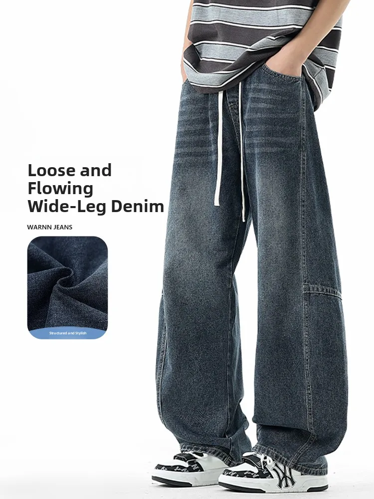 

Мужские джинсы в американском стиле, весенне-летние, прямые, широкие брюки, повседневные, для молодежи, для ежедневных поездок на работу, драпированные, с эффектом потертости