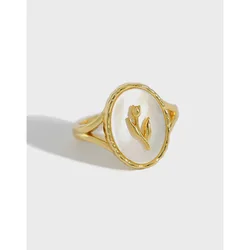 Palace Royal S925 Sterling Silver Ring Ins Mother-of-pearl Tulip Shell Geometric Oval Female Open