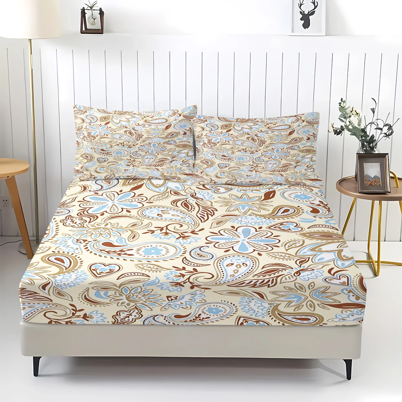 Paisley Floral Printed Fitted Sheet Set With Pillowcase Soft Breathable Elastic Bed Sheet Mattress Cover Bedroom Home Bedding