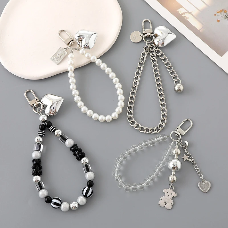 1Pc Pearl Beaded Love Bear Mobile Phone Chain Anti-Lost Phone Lanyard Wrist Band Keychain Pendant Camera Earphone Chain