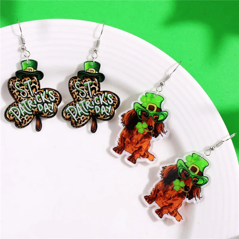 New St Patricks Day Acrylic Earrings for Woman Lucky Carnival Four-leaf Clover Hat Dog Green Earring Fashion Jewelry Gift