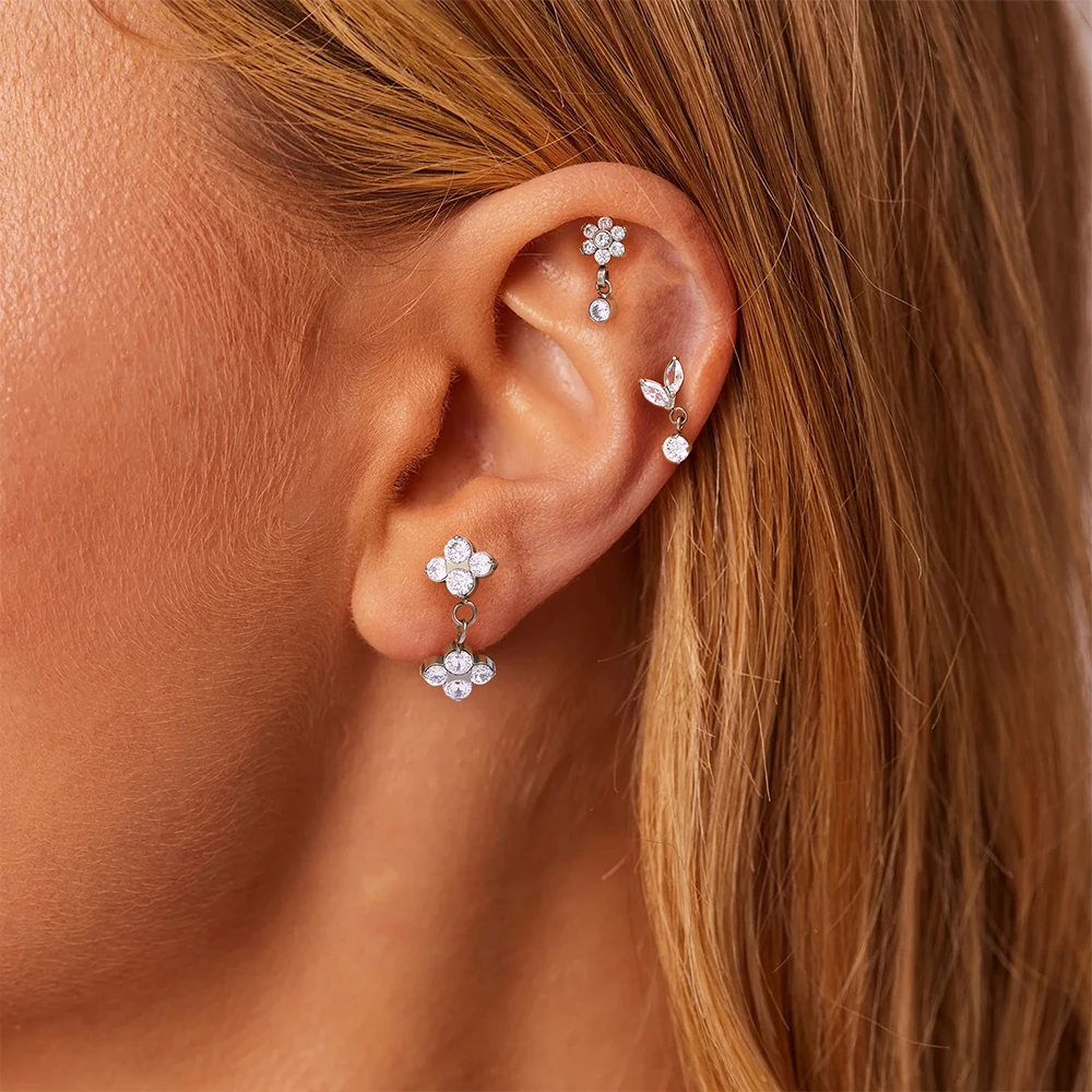 ASTM F136 Titanium Ear Cartilage Earrings Internal Thread 16G Hidden Helix Stud CZ Drape Chain Flat Back Tragus Piercing Jewelry