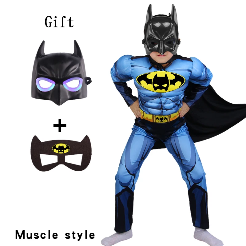 Superhero Batmans Muscle Cosplay Costume Kids Boys Bodysuit with Cloak Lightting Mask Suit Birthday Party Gift