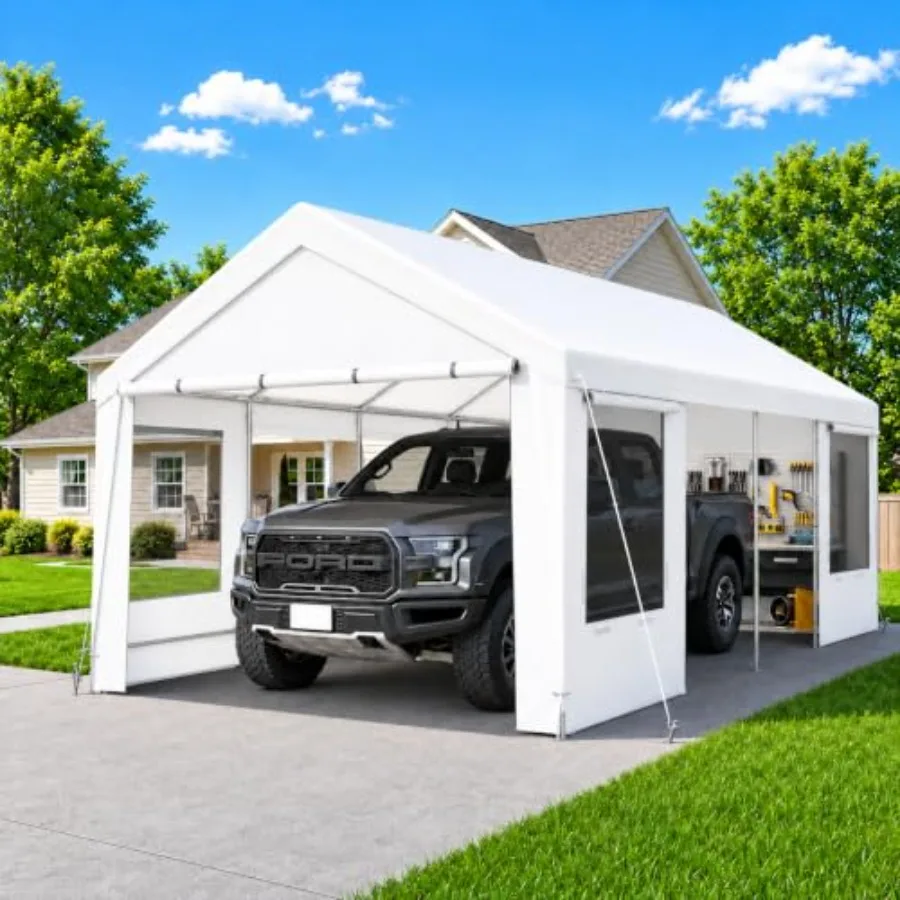 Feet Heavy Duty Carport, Portable Garage Canopy with Removable Sidewalls and Double-Zipper Doors, Enclosed Outdoor Car Tent She