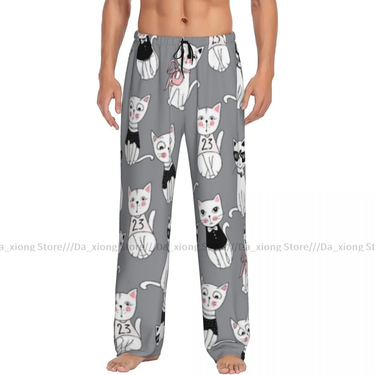 Mens Casual Pajama Long Pant Loose Elastic Waistband Cartoon Cat Pattern Cozy Sleepwear Home Lounge Pants