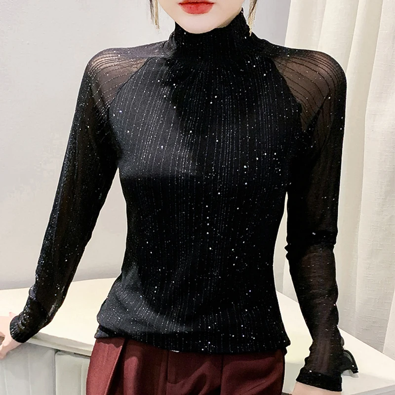 Black,Korean,Style,Fall,Winter,T-shirt,Fashion,Sexy,Mock Neck,Shiny,Silver powder,Women,Tops,Long Sleeve,Tees,2024,New,4102705