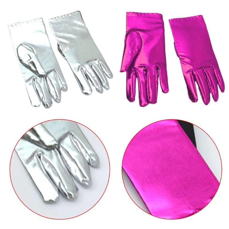 Women Faux Pantent Leather Spandex Short Gloves Shiny Metallic Color Mittens Stage Performace Cosplay Costume