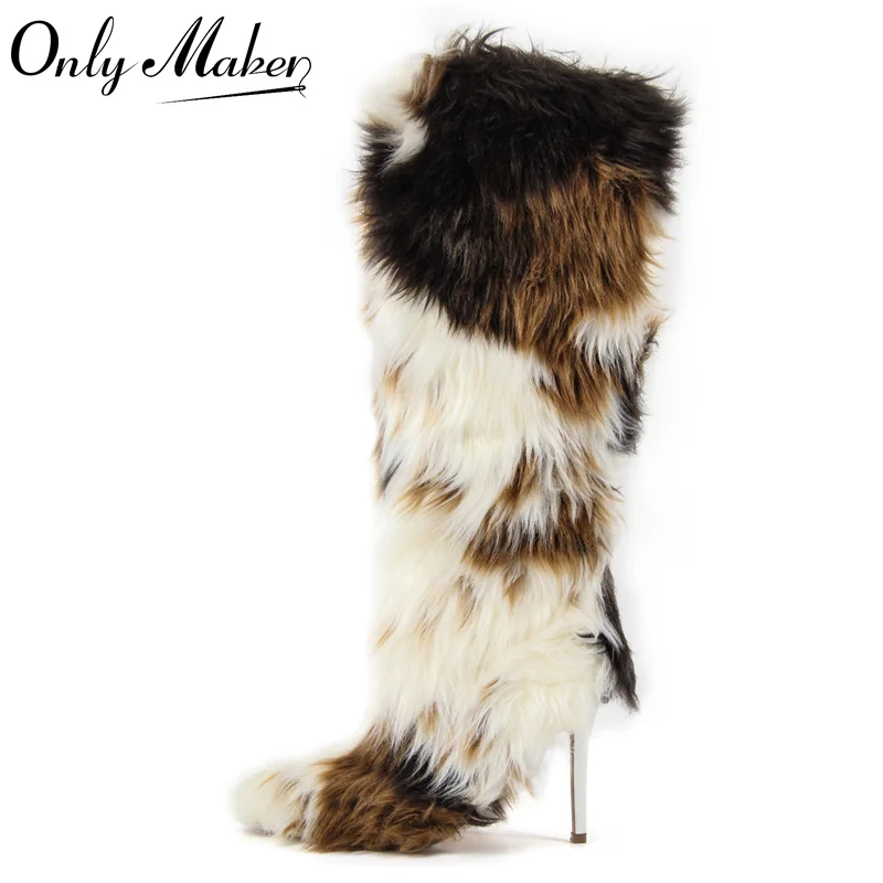 

Onlymaker Women Knee High Boots Thin High Heel Furry Boots Faux Fur Fury Boots Winter Plush Boots