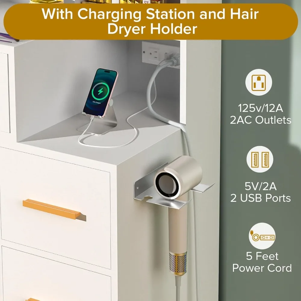 مكتب زينة مكياج بإضاءة LED مع خزانة تخزين بيضاء، 8 أدراج، مخرج طاقة، ومرآة معززة لتعزيز الجمال