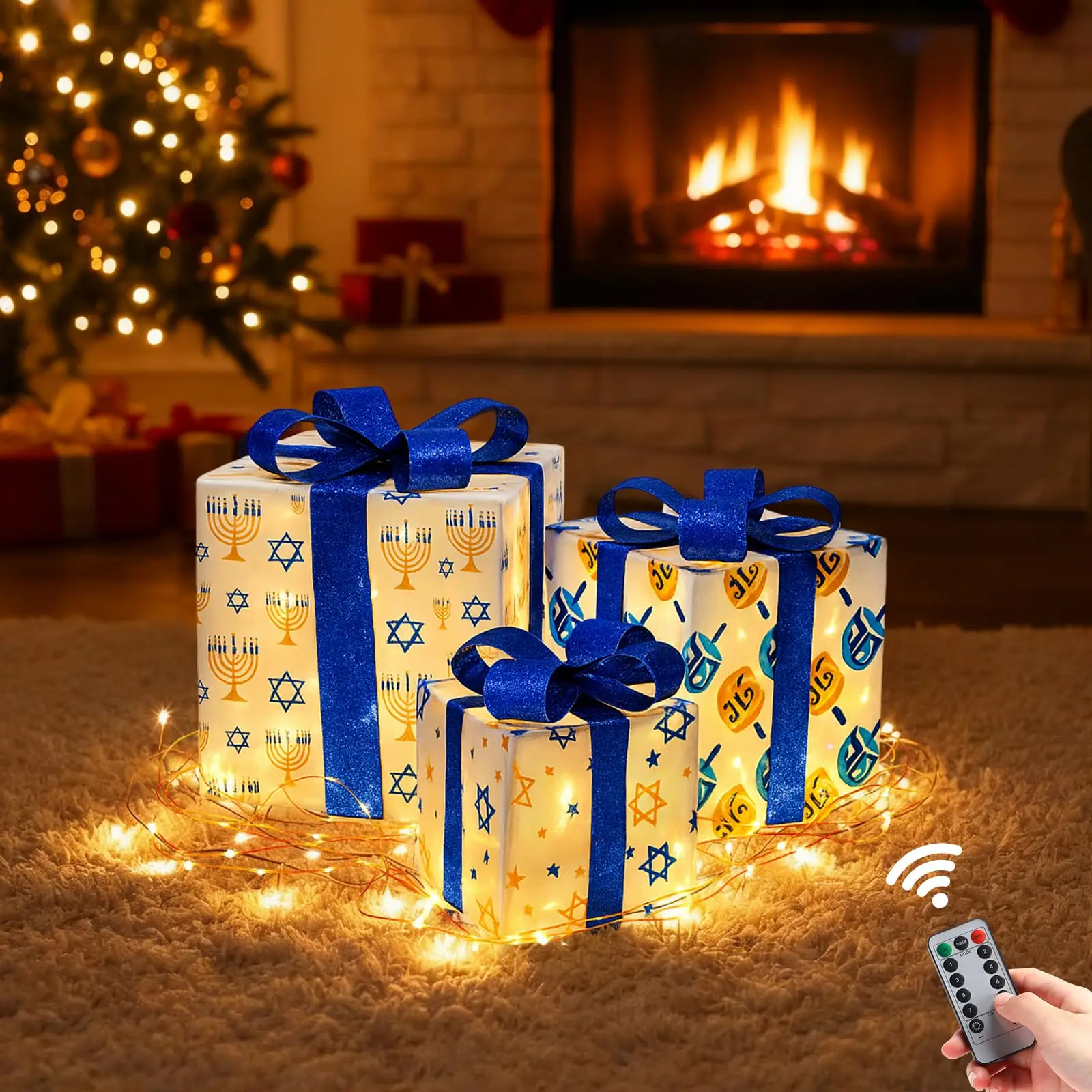 Hanukkah Lighted Gift Boxes 3 Pcs Light Up Chanukah Decorations Menorah Star of David Jewish Holiday Decor Home Party Gift