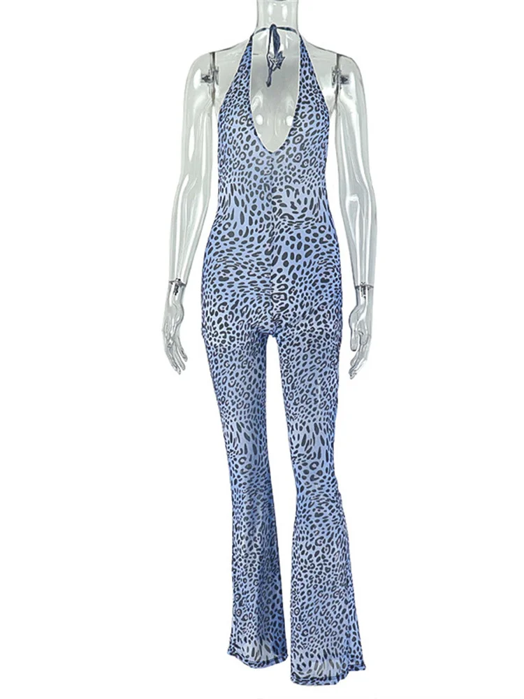 奇妙な猫柄レオパードプリントジャンプスーツ レディース メッシュ二重層セクシーバックレスホルターストレッチスキニーヒップスターアクティビティストリートオーバーオール