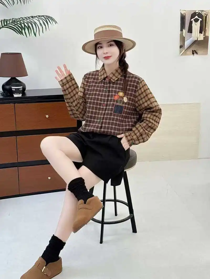 Japanese Mori Girl Vintage Plaid Embroidery Patchwork Cotton Shirts Women Autumn Turn Down Collar Long Sleeve Casual Blouse Tops