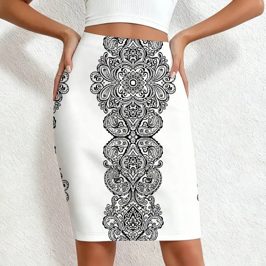 

Bohemian Style Women Pencil Skirt White Paisley Print Summer Casual