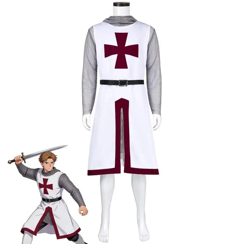 Mittelalterliches Templer-Ritter-Cosplay-Kostüm für Männer, Kreuzritter-Oberrock, Kettenhemd, Kapuze, Gürtel-Set, Halloween-Anime-Party-Outfit