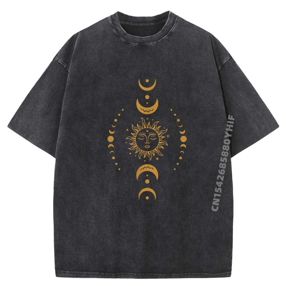 

Sun And Moon Celestial Crescent Moon Phases Luxury Clothing Mens Gifts Classic Washed Shirt Mens Graphic Tees