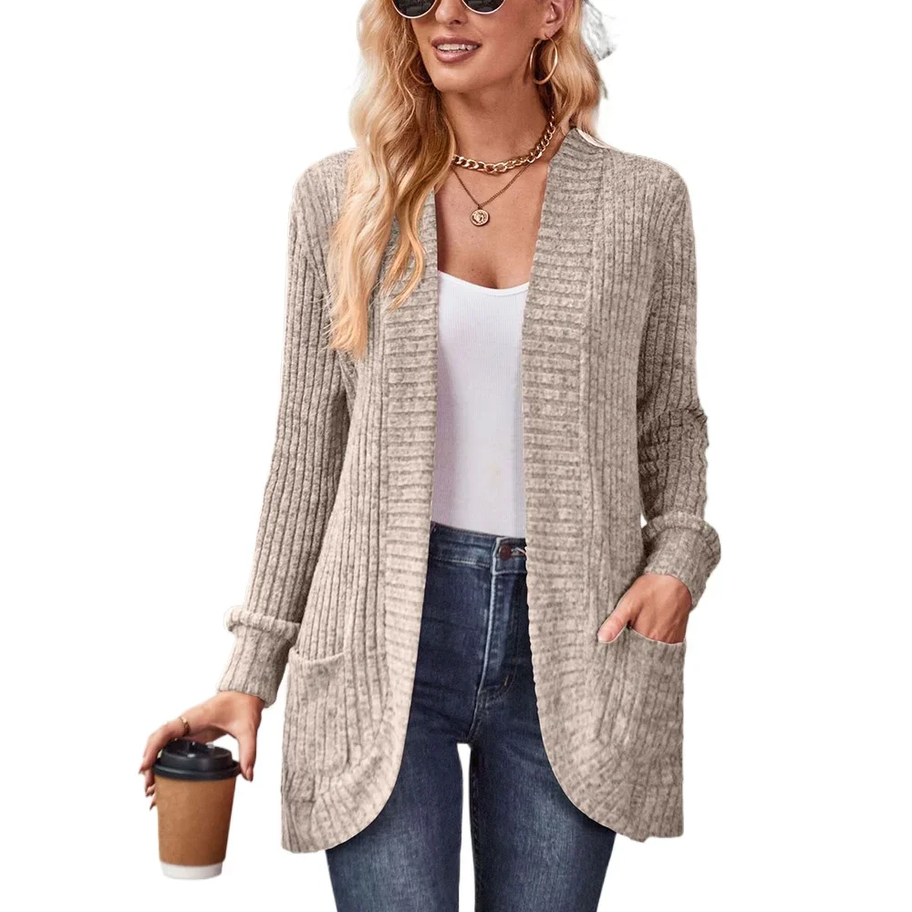 Women\'S Spring And Autumn Solid Color Sweater Cardigan Fashion Pocket Cardigan Top Jacket Comfortable Soft Sweater Tienda Traf