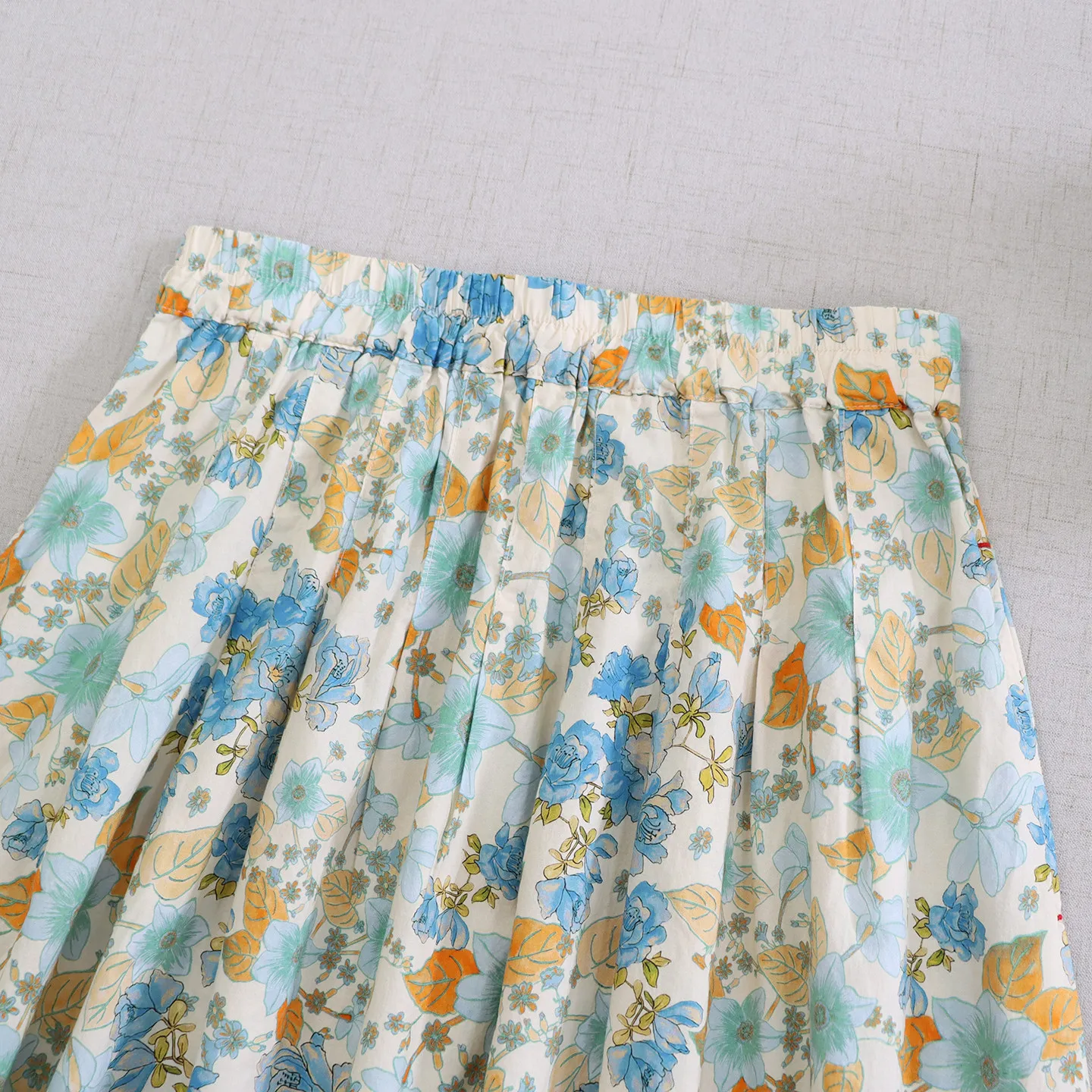 Japanese Vintage Mori Girl Cartoon Floral Printed Cotton Skirts Women Spring Summer Elastic Waist Casual Loose A-Line Midi Skirt