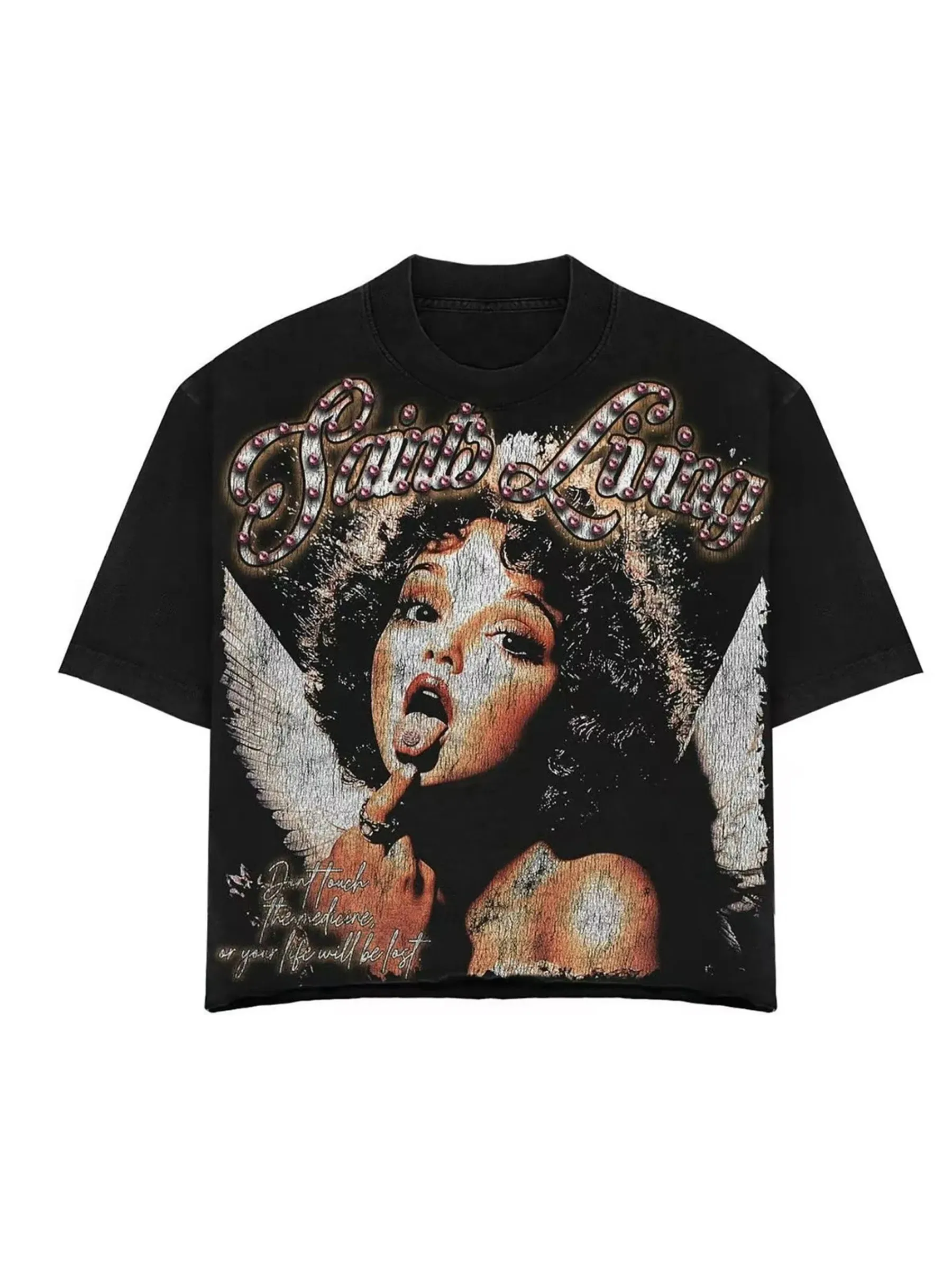 Angel Wings and Lips Design Black T-shirt Women Men Street Y2K Overszied Vintage Pattern T-Shirt Harajuku Short Sleeve Clothing