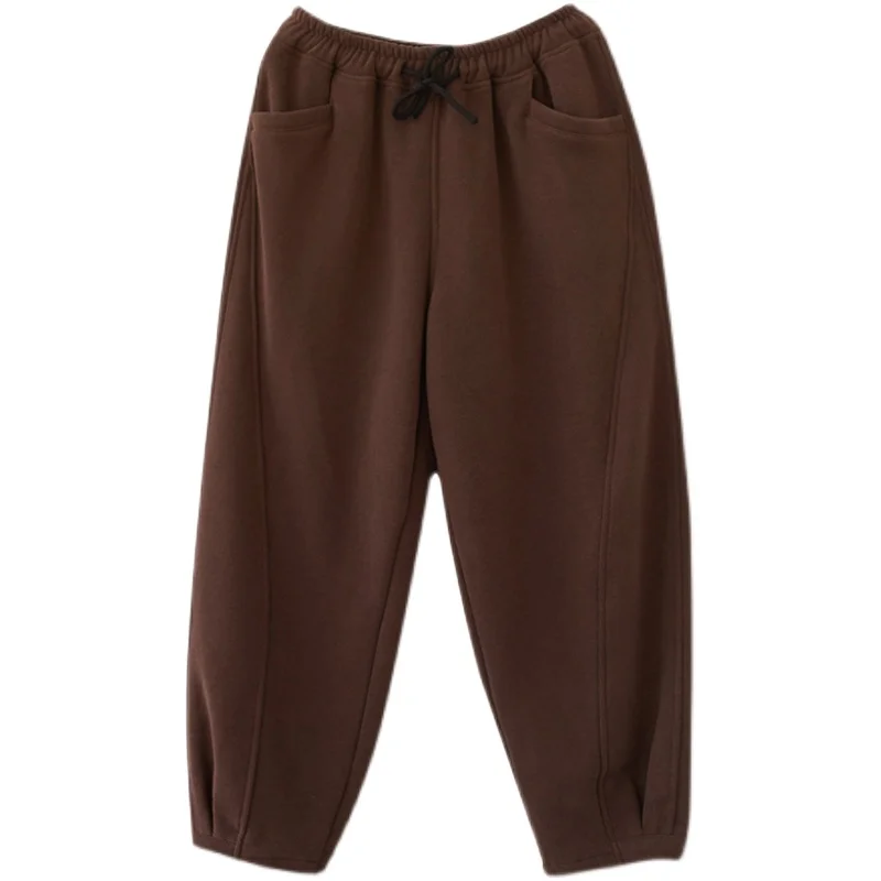 Women's Fce Lined Loose Fit Casual Thiened Sports Pants High Waist Asymmetric Long Trousers Autumn Winter Faion