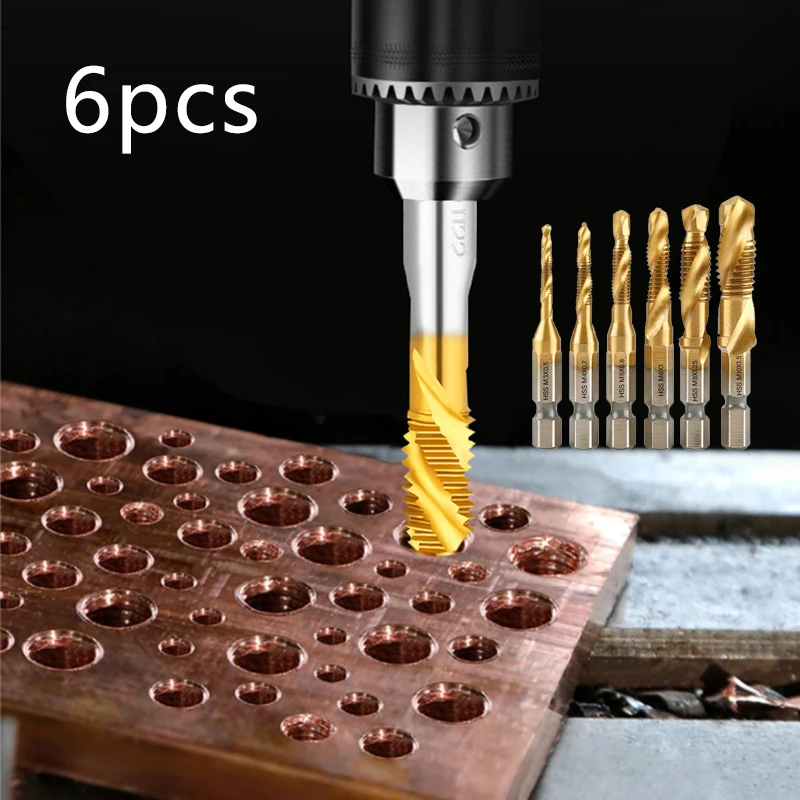 6pcs Tap Drill Bit Set For Metal Diameter 3 -10mm Thread Repair Kit High Speed Steel Perforated Spiral Metric Composite Tap