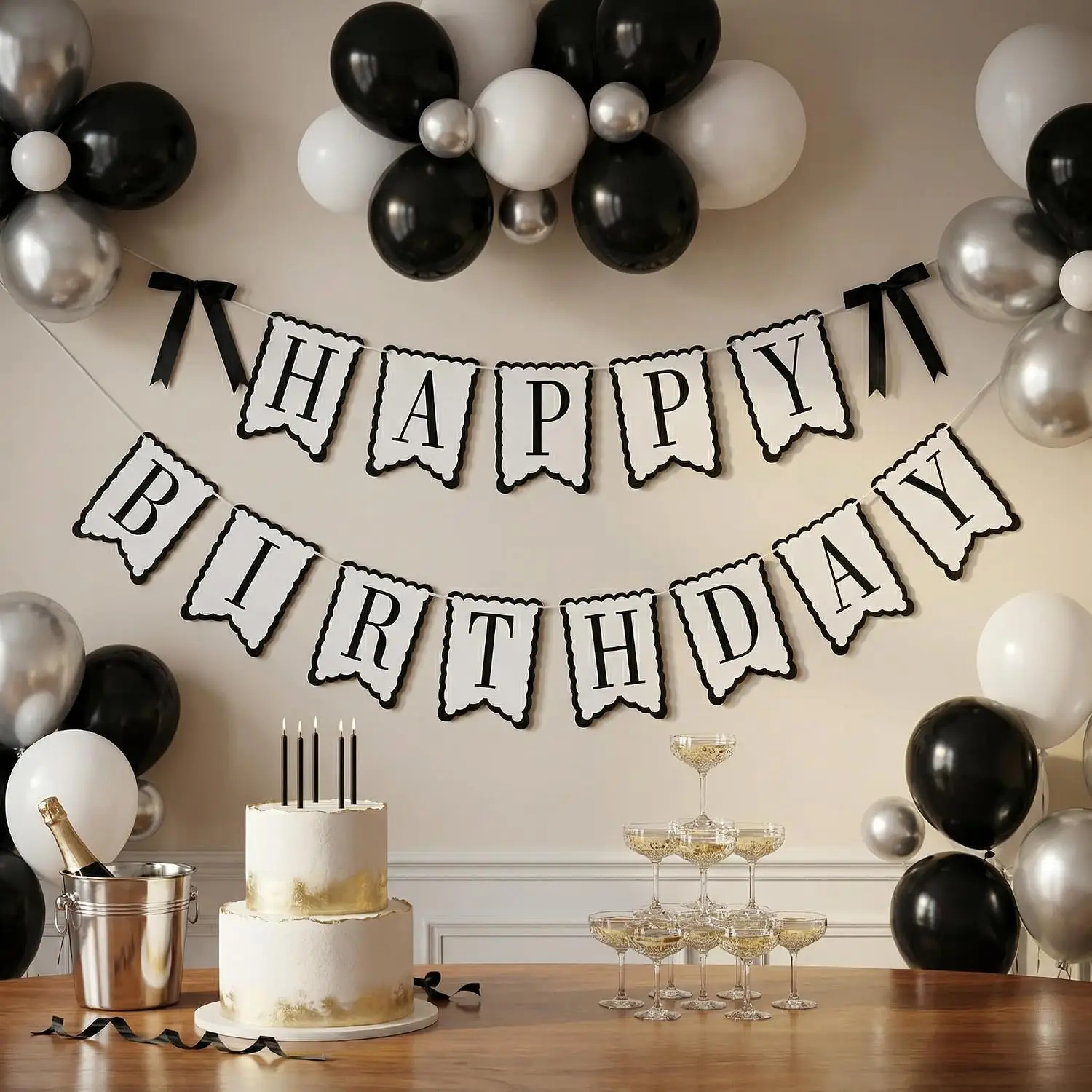 Happy Birthday Banner with Satin Bow, Scalloped Edge Bunting Garland, Black White Pink Birthday Party Wall Hanging Decor