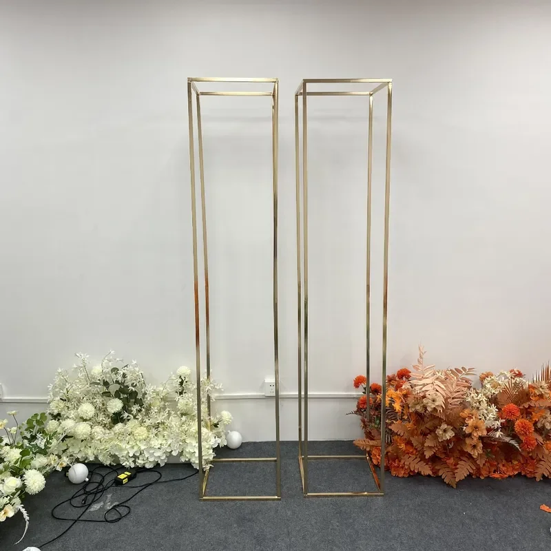 Large Gold Square Wrought Iron Flower Stand Geometric Wedding Arch Decoration Metal Cuboid Shelf for Event Road Guide Display