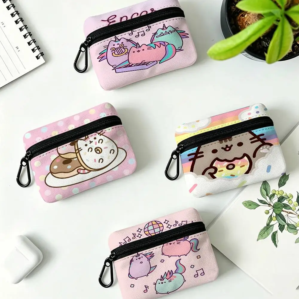 Kawaii Niedliche P-P-PusheenS Leichte Oxford-Stoff Münzbörse mit Schwarzem Karabinerhaken, Kartenhalter und Kopfhörer-Aufbewahrungstasche