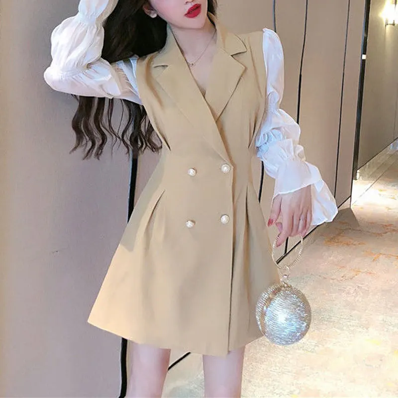 Office Lady Tailored Collar Mini Dress Women's Clothing Double Breasted Waist Spring Autumn Patchwork Aura A-Line Folds Dresses