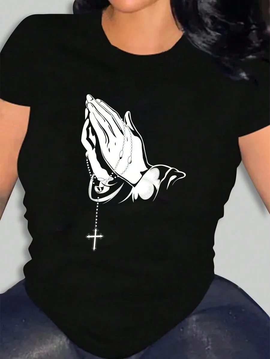 

Plus - Size T - shirt: Minimalist & Spiritual Design, Prayer Hands & Rosary