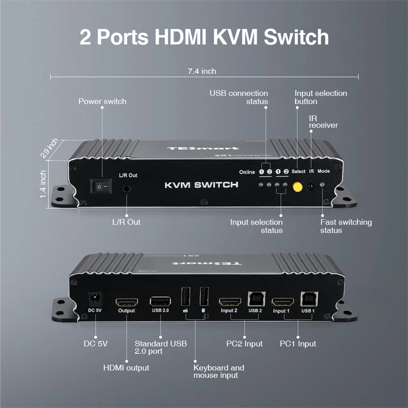 TESmart  2 port USB KVM Switch Support USB2.0 L/R audio IR Remote HDCP 2.2 4k 60hz KVM switch