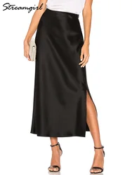 Jupes longues en satin beige pour femmes, tendance, taille haute, maxi, rayonne, fente latérale, été, 2024 jupe longues femme