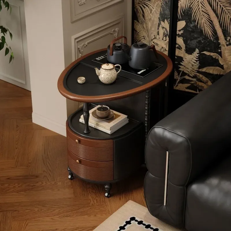 Medieval Style Solid Wood Tea Cart Movable Rotating Trolley Integrated Tea Making Table Living Room Sofa Side Cabinet Coffee