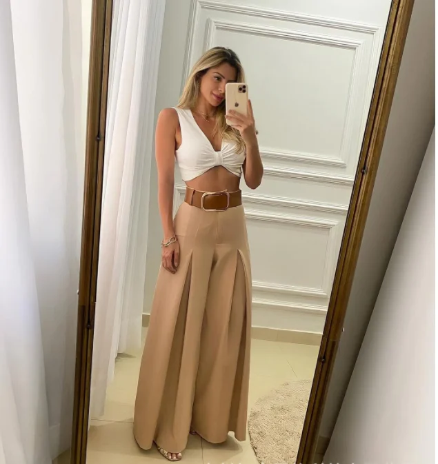Women\'s Pants 2023 New Casual Fashion Solid Color Open Fold High Waist Wide Leg Pants Basic Elegant Commuter