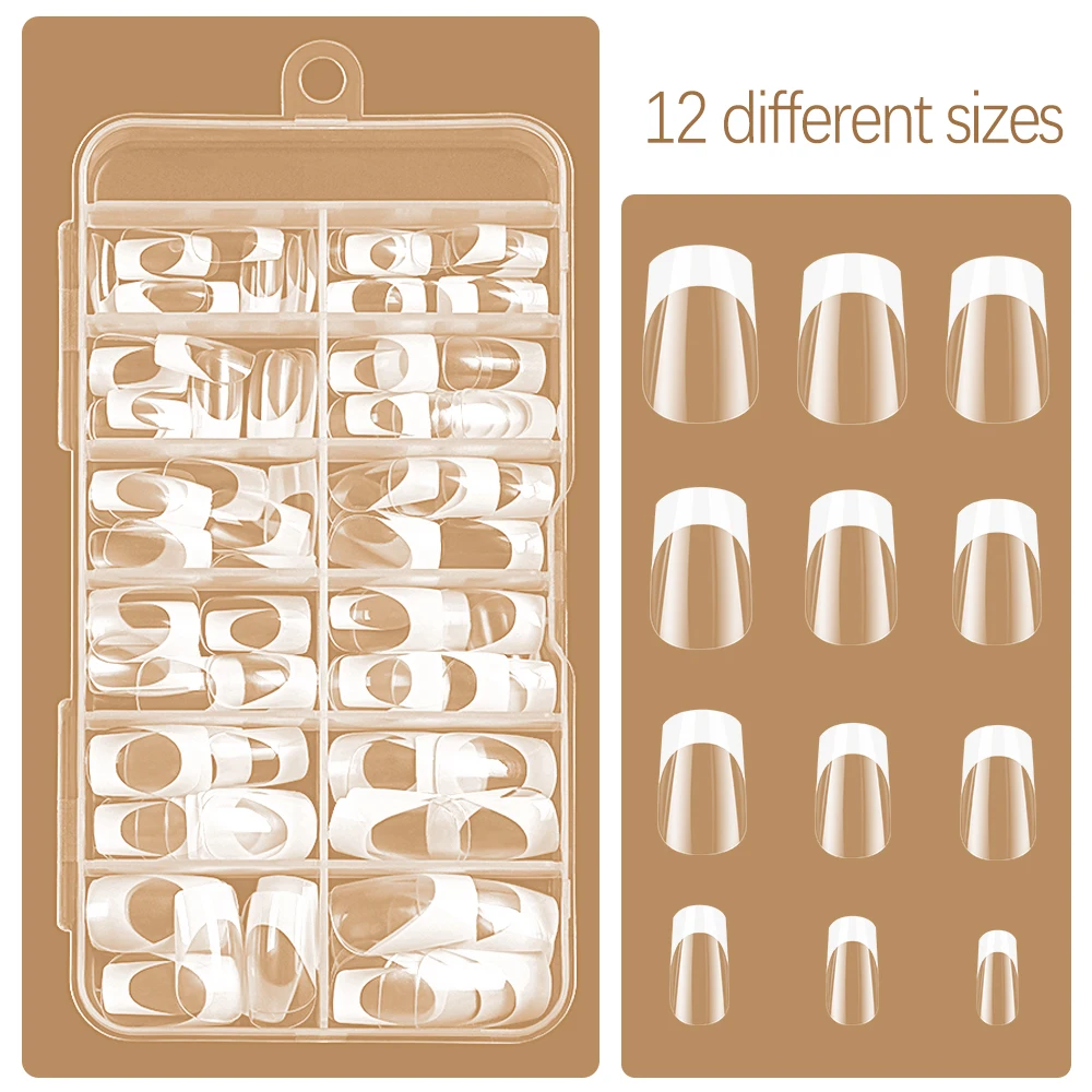 เล็บปลอมสีขาวแบบฝรั่งเศส 120 ชิ้น เล็บเจลใสแบบมินิมอล เล็บปลอมแบบกดติด ปิดเต็มเล็บ เล็บปลอมต่อเล็บ