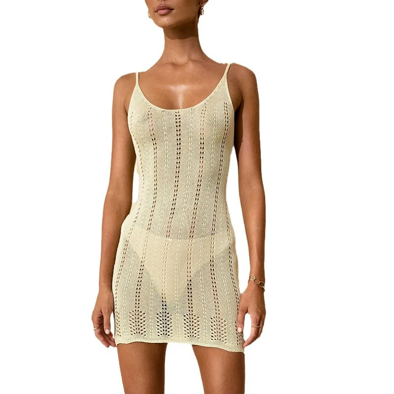 Robe de plage en maille sexy de style européen et américain pour femmes, couleur unie, nouvelle collection été 2024, paréo de bain