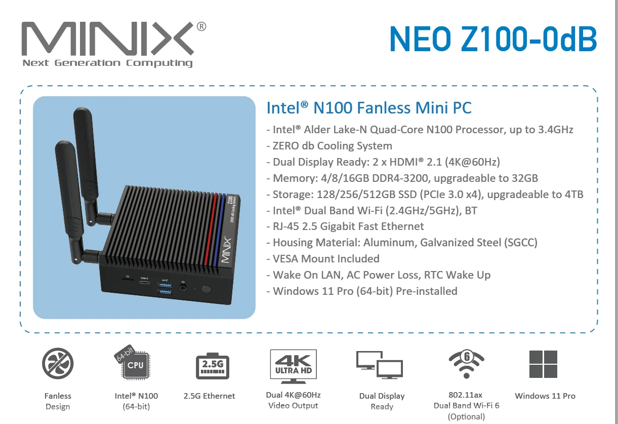 Minix Z100คอมพิวเตอร์ขนาดเล็กไร้พัดลม, DDR4 16GB M.2 PCIe X4 NVMe SSD Windows คอมพิวเตอร์ตั้งโต๊ะ11, 2.5 GbE Ethernet, HDMI 4K