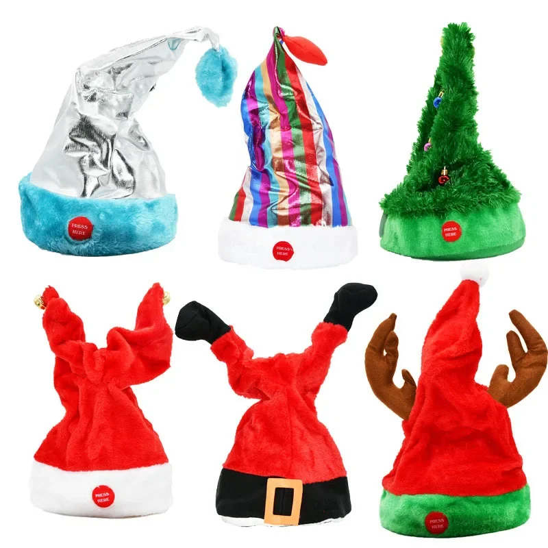 Creative Electric Swing Christmas Hat Music Light Up Dance Cap Plush Xmas Gift For Kids Adults New Year Party Decorations Prop