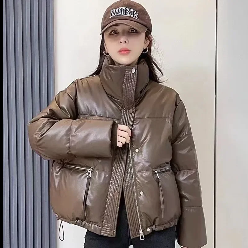 Autumn Winter Leather Parkas Womens Fashion Stand Collar Coats Women Elegant Elastic Cuffs Padded Jackets Female Ladies