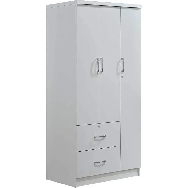 A Wardrobe Closet, Hodedah 3-Door 2-Drawers, 3-Shelves in White Bedroom Armoires, Wardrobe Cabinet with Hanging Rod