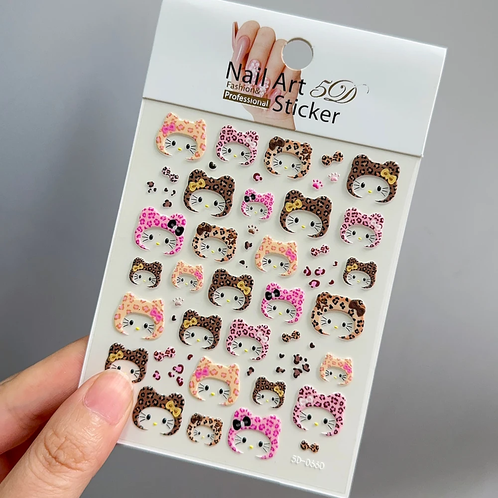 3 stks 5D 2025 Nieuwe Luipaard Print KT Hoed Nagelstickers Schattig Hart Parel Bril KT Hoofd Roze Bruin Luipaard Kitty Hoofddoek Decal ﻿ ﻿