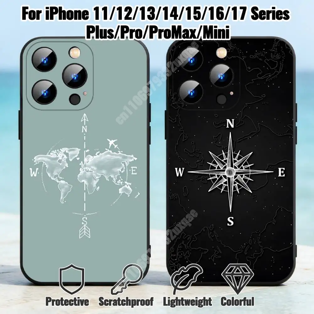 Compass Global Adventure Phone Case for iPhone 17 16 Pro Plus Air 15 14 Max Mini 12 11 Soft Shockproof Cover