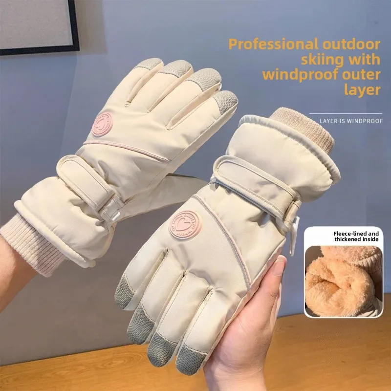 Women Winter Cute Thermal Gloves Velvet Lined Waterproof Touch Screen Outdoor Riding Skiing Cold Proof Soft Warm Thickened Fleec